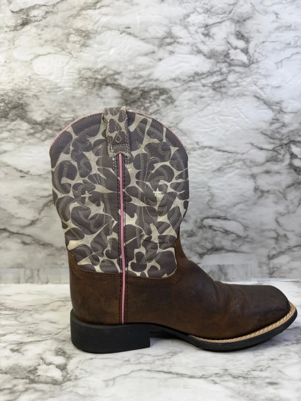 Ariat Brown Leather Cowgirl Boots with Pink & Cream Patterned Shaft size 1